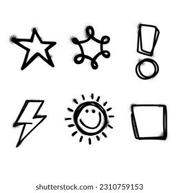 Set of black graffiti spray collection of symbols  with spray texture. Elements on white background for banner, decoration, street art and ads.