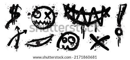 Set of black graffiti spray. Collection of arrow, skull, heart and symbols with spray texture and stencil pattern. Elements on white background for banner, decoration, street art and ads.