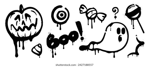 Set of black graffiti spray element vector. Collection halloween of symbol, ghost, pumpkin, eye, candy, lollipop with ink drip texture. Design illustration for sticker, decoration, street art.