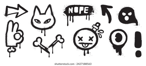 Set of black graffiti spray element vector. Collection halloween of symbol, cat, hand, bone, arrow, ghost, funny face with ink drip texture. Design illustration for sticker, decoration, street art.