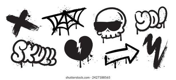 Set of black graffiti spray element vector. Collection halloween of symbol, skull, cobweb, arrow, heart, word with ink drip texture. Design illustration for sticker, decoration, street art.