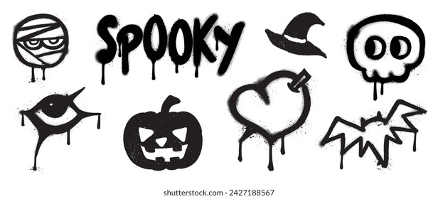 Set of black graffiti spray element vector. Collection halloween of symbol, skull, heart, hat, pumpkin, eye, bat with ink drip texture. Design illustration for sticker, decoration, street art.