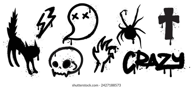 Set of black graffiti spray element vector. Collection halloween of symbol, skull, cat, ghost, spider, thunderbolt with ink drip texture. Design illustration for sticker, decoration, street art.