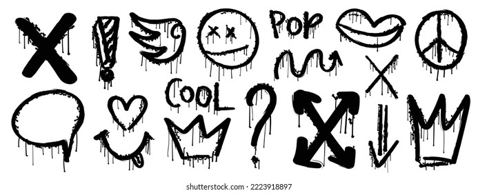 Set of black graffiti spray elements. Collection of street art patterns, texts, symbols, sign, arrows. Airbrush urban style drawing graphics on white isolated background.