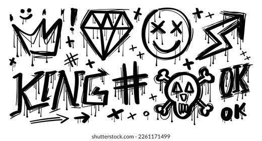 Set of black graffiti spray elements. Collection of skull, diamond, crown, emoji, arrow, king. Airbrush urban style drawing graphics on white isolated background for fashion graphics, t shirt prints.