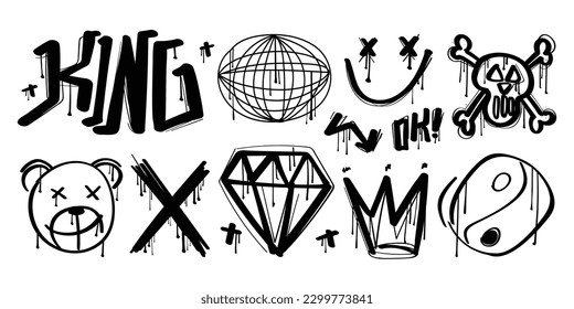 Set of black graffiti spray elements. Collection of skull, diamond, crown, emoji, arrow, king. Airbrush urban style drawing graphics on white isolated background for fashion and prints.