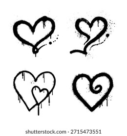 set of black graffiti spray painted heart shapes with paint drips