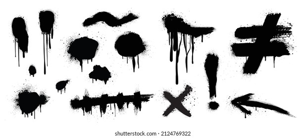 Set of black graffiti spray pattern. Collection of symbol, face, arrow, dot and stroke with spray texture. Abstract elements on white background for banner, decoration, street art and ads.