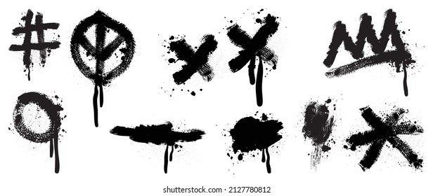 Set of black graffiti spray pattern. Collection of symbols, circle, dot and stroke with spray texture. Elements on white background for banner, decoration, street art and ads.