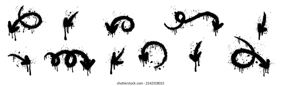 Set of black graffiti spray pattern illustration. Collection of arrows, circle, dripping and stroke with spray texture. Elements on white background for banner, decoration, street art and ads.