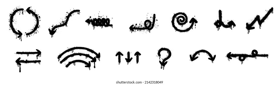 Set of black graffiti spray pattern illustration. Collection of arrows, circle, dripping and stroke with spray texture. Elements on white background for banner, decoration, street art and ads.