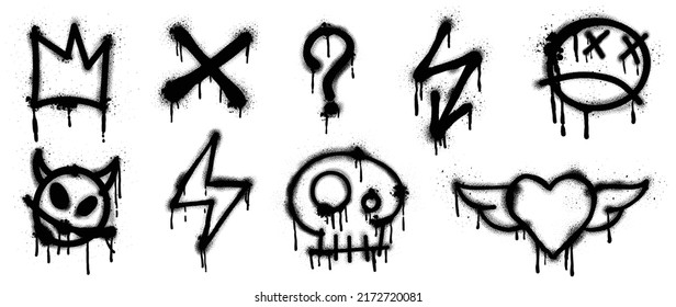 Set of black graffiti spray pattern. Collection of symbols, heart, crown, thunder, devil, skull, arrow with spray texture. Elements on white background for banner, decoration, street art and ads.