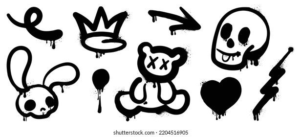 Set black graffiti spray pattern  Collection symbols  heart  crown  arrows  rabbit  bear  skull and spray texture  Elements white background for banner  decoration  street art   ads 