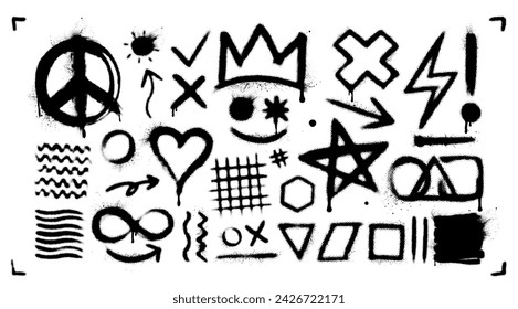 Set of black graffiti spray pattern. Heart, crown, thunder symbol collection. Arrow, infinity, wave geometric shapes. Circle, square, triangle graphic design element. Peace, freedom street art concept