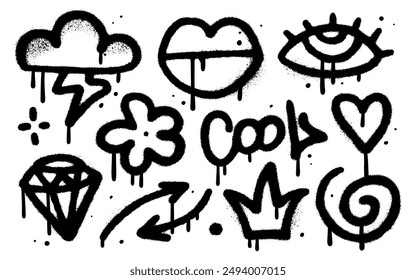 Set of black graffiti sprayed elements. Simple symbols, eye, crown, arrow, star, eye diamond, flower, lips with spray texture. Vector elements for banner, decoration, street art and ads.