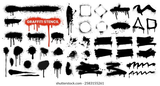 Set of black graffiti stencil, ink paint brush stroke, grunge texture, dirty urban street art, vector line, circle, splash, splatter, water drip, doodle spray, text banner background and frame. Brush.