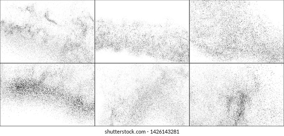 Set of Black Grainy Texture Isolated on White Background. Dust Overlay Textured. Dark Rough Noise Particles. Digitally Generated Image. Vector Design Elements, Illustration, EPS 10.