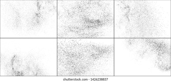 Set of Black Grainy Texture Isolated on White Background. Dust Overlay Textured. Dark Rough Noise Particles. Digitally Generated Image. Vector Design Elements, Illustration, EPS 10.