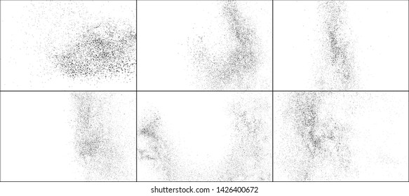 Set of Black Grainy Texture Isolated on White Background. Dust Overlay Textured. Dark Rough Noise Particles. Digitally Generated Image. Vector Design Elements, Illustration, EPS 10.