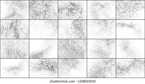 Set of Black Grainy Texture Isolated on White Background. Dust Overlay Textured. Dark Rough Noise Particles. Digitally Generated Image. Vector Design Elements, Illustration, EPS 10.