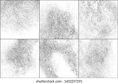 Set of Black Grainy Texture Isolated on White Background. Dust Overlay Textured. Dark Rough Noise Particles. Digitally Generated Image. Vector Design Elements, Illustration, EPS 10.