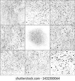 Set of Black Grainy Texture Isolated on White Background. Dust Overlay Textured. Dark Rough Noise Particles. Digitally Generated Image. Vector Design Elements, Illustration, EPS 10.