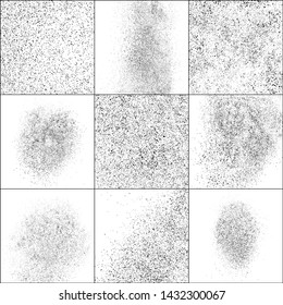 Set of Black Grainy Texture Isolated on White Background. Dust Overlay Textured. Dark Rough Noise Particles. Digitally Generated Image. Vector Design Elements, Illustration, EPS 10.