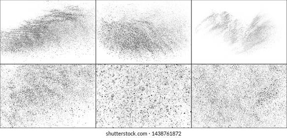 Set of Black Grainy Texture Isolated on White Background. Dust Overlay Textured. Dark Rough Noise Particles. Digitally Generated Image. Vector Design Elements, Illustration, EPS 10.