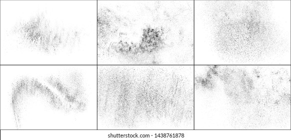 Set of Black Grainy Texture Isolated on White Background. Dust Overlay Textured. Dark Rough Noise Particles. Digitally Generated Image. Vector Design Elements, Illustration, EPS 10.