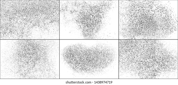 Set of Black Grainy Texture Isolated on White Background. Dust Overlay Textured. Dark Rough Noise Particles. Digitally Generated Image. Vector Design Elements, Illustration, EPS 10.