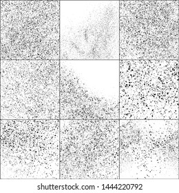 Set of Black Grainy Texture Isolated on White Background. Dust Overlay Textured. Dark Rough Noise Particles. Digitally Generated Image. Vector Design Elements, Illustration, EPS 10.