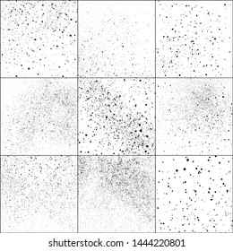 Set of Black Grainy Texture Isolated on White Background. Dust Overlay Textured. Dark Rough Noise Particles. Digitally Generated Image. Vector Design Elements, Illustration, EPS 10.