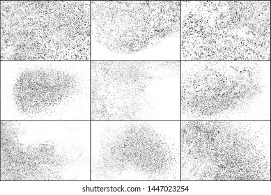Set of Black Grainy Texture Isolated on White Background. Dust Overlay Textured. Dark Rough Noise Particles. Digitally Generated Image. Vector Design Elements, Illustration, EPS 10.