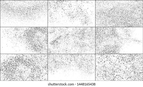 Set of Black Grainy Texture Isolated on White Background. Dust Overlay Textured. Dark Rough Noise Particles. Widescreen 16 : 9. Vector Design Elements, Illustration, EPS 10.