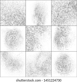 Set of Black Grainy Texture Isolated on White Background. Dust Overlay Textured. Dark Rough Noise Particles. Digitally Generated Image. Vector Design Elements, Illustration, EPS 10.