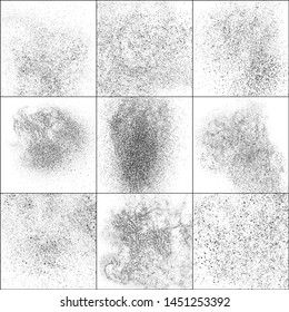 Set of Black Grainy Texture Isolated on White Background. Dust Overlay Textured. Dark Rough Noise Particles. Digitally Generated Image. Vector Design Elements, Illustration, EPS 10.