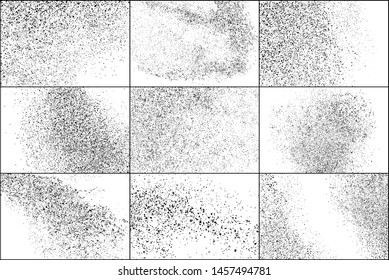 Set of Black Grainy Texture Isolated on White Background. Dust Overlay Textured. Dark Rough Noise Particles. Chaotic Explosion. Vector Design Elements, Illustration, EPS 10.