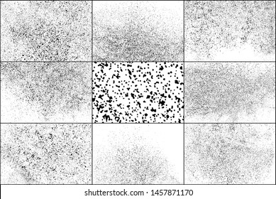 Set of Black Grainy Texture Isolated on White Background. Dust Overlay Textured. Dark Rough Noise Particles. Chaotic Explosion. Vector Design Elements, Illustration, EPS 10.