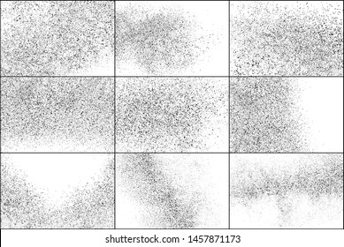 Set of Black Grainy Texture Isolated on White Background. Dust Overlay Textured. Dark Rough Noise Particles. Chaotic Explosion. Vector Design Elements, Illustration, EPS 10.