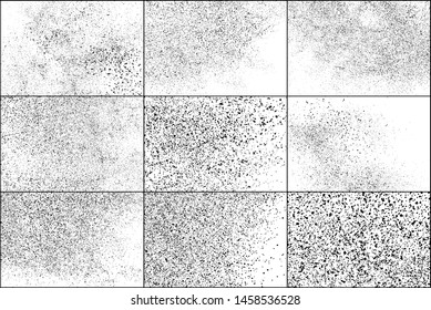 Set of Black Grainy Texture Isolated on White Background. Dust Overlay Textured. Dark Rough Noise Particles. Chaotic Explosion. Vector Design Elements, Illustration, EPS 10.