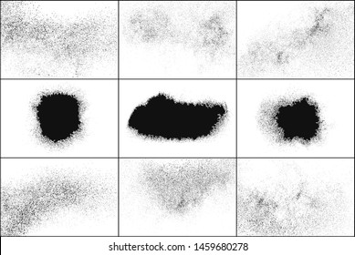 Set of Black Grainy Texture Isolated on White Background. Dust Overlay Textured. Dark Rough Noise Particles. Digitally Generated Image. Vector Design Elements, Illustration, EPS 10.