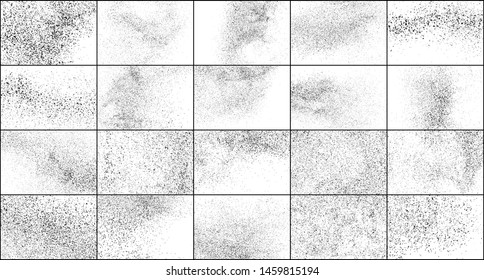 Set of Black Grainy Texture Isolated on White Background. Dust Overlay Textured. Dark Rough Noise Particles. Digitally Generated Image. Vector Design Elements, Illustration, EPS 10.