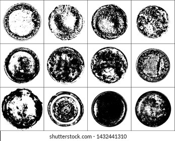 Set of Black Grainy Texture Round Shape Isolated on White Background. Circle Dark Rough Noise Particles. Vector Imitation Wax Seal. Distressed Overlay Textured. Illustration, EPS 10.