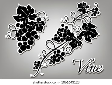 Set of black grapes stickers on gray background. Labels with a picture of grapes. Vector illustration.