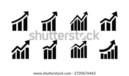 A set of black graph icons, displaying upward trends in a distinct silhouette style.