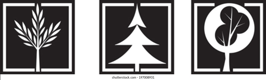 Set of black graphic icons with trees