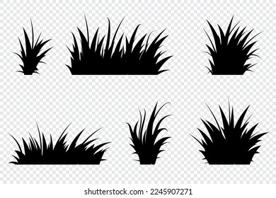 Set of black grass. Grass bushes of different shapes. Hand drawn grass. Grass silhouettes. Vector illustration