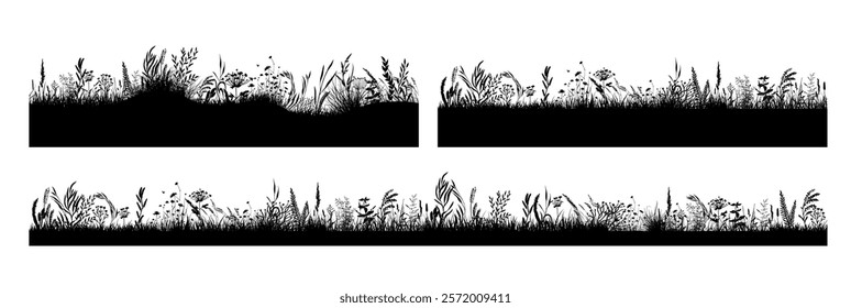 Set black grass horizontal silhouettes . hand drawing. Not AI Vector illustration.