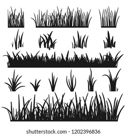 Set of black grass silhouettes isolated on white background. Grass heights design elements of nature. Template for design. Lawn vector illustration