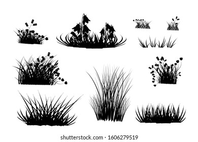 Set of black grass silhouettes isolated on white background. Collection of meadow grass and herbs silhouettes. Black tufts shapes of grass. Set design elements of nature. Stock vector illustration